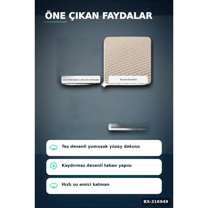 Hafızalı Köpük Banyo Paspası Gri Kaydırmaz Tabanlı Emici Ayak Paspas 1 Adet BX-316949