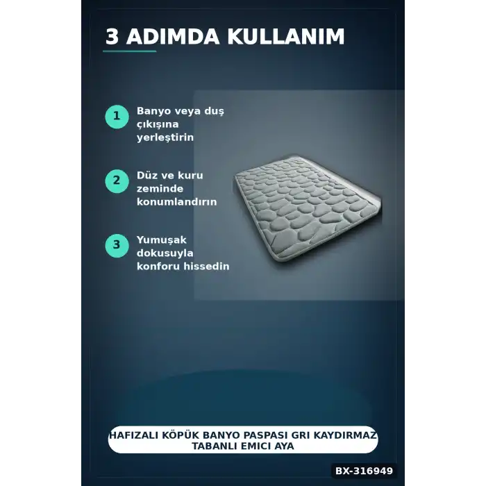 Hafızalı Köpük Banyo Paspası Gri Kaydırmaz Tabanlı Emici Ayak Paspas 1 Adet BX-316949