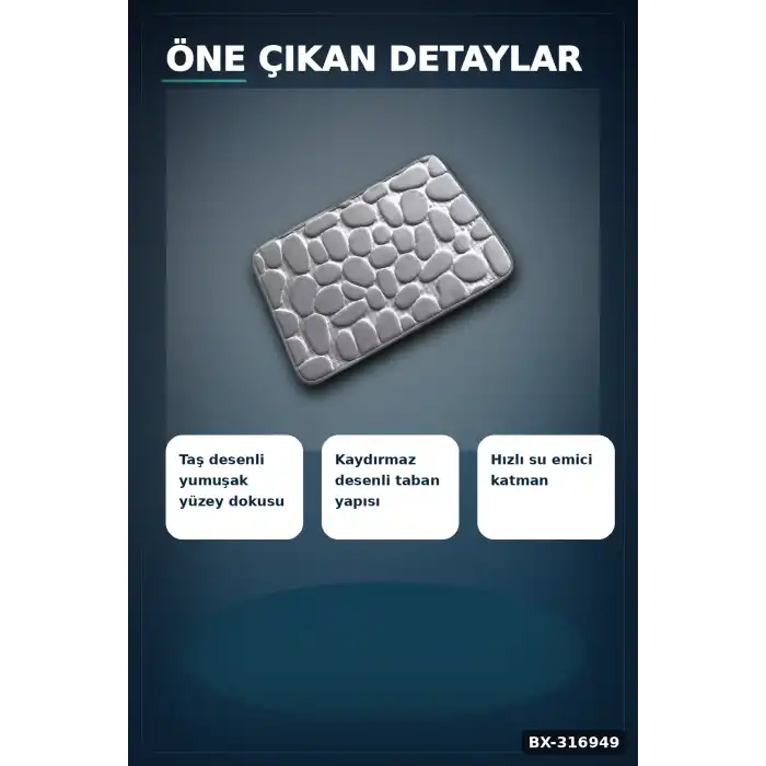 Hafızalı Köpük Banyo Paspası Gri Kaydırmaz Tabanlı Emici Ayak Paspas 1 Adet BX-316949