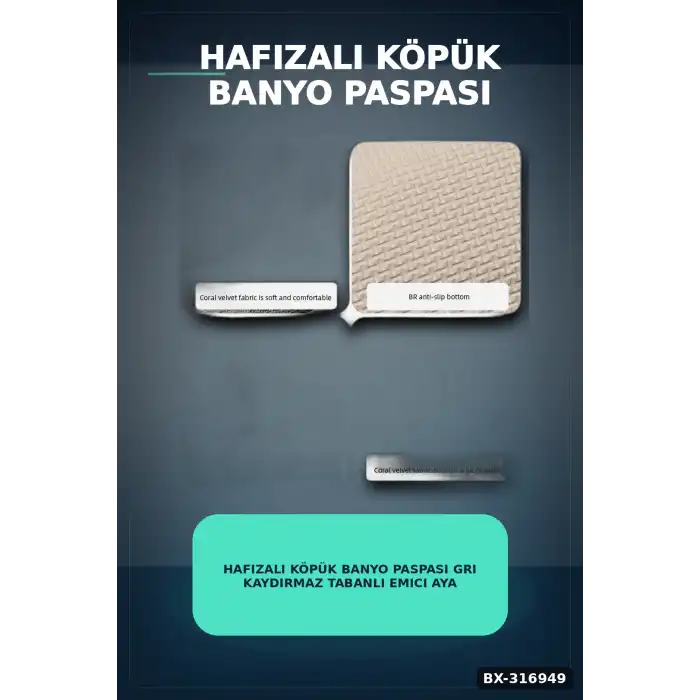 Hafızalı Köpük Banyo Paspası Gri Kaydırmaz Tabanlı Emici Ayak Paspas 1 Adet BX-316949