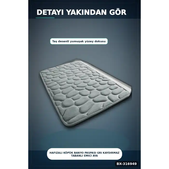 Hafızalı Köpük Banyo Paspası Gri Kaydırmaz Tabanlı Emici Ayak Paspas 1 Adet BX-316949