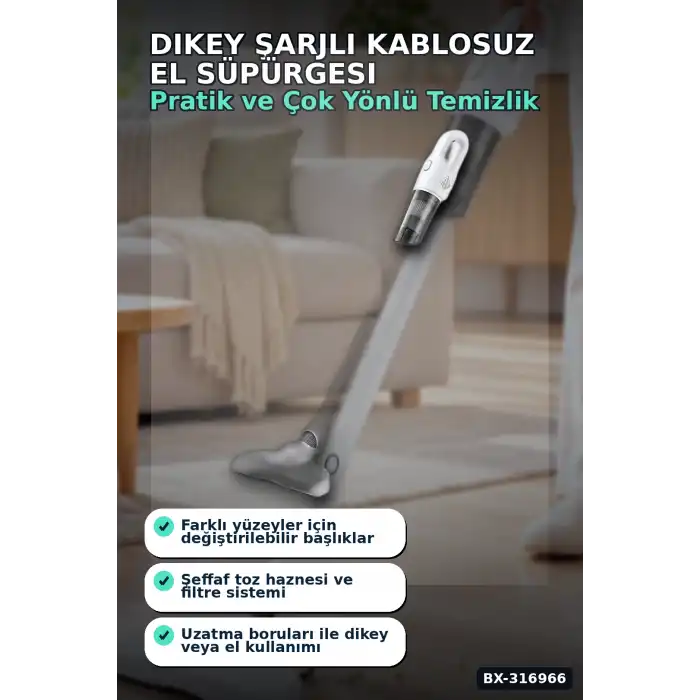 Dikey Süpürge Şarjlı Kablosuz El Süpürgesi 2si 1 Arada Ev Araç Temizliği BX-316966