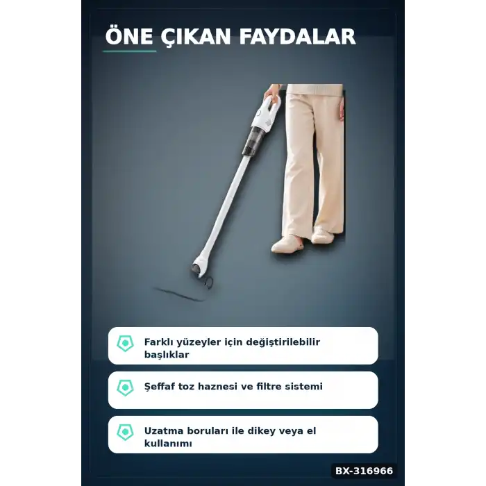 Dikey Süpürge Şarjlı Kablosuz El Süpürgesi 2si 1 Arada Ev Araç Temizliği BX-316966