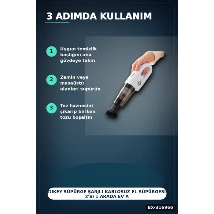 Dikey Süpürge Şarjlı Kablosuz El Süpürgesi 2si 1 Arada Ev Araç Temizliği BX-316966