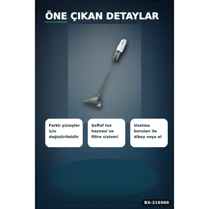 Dikey Süpürge Şarjlı Kablosuz El Süpürgesi 2si 1 Arada Ev Araç Temizliği BX-316966