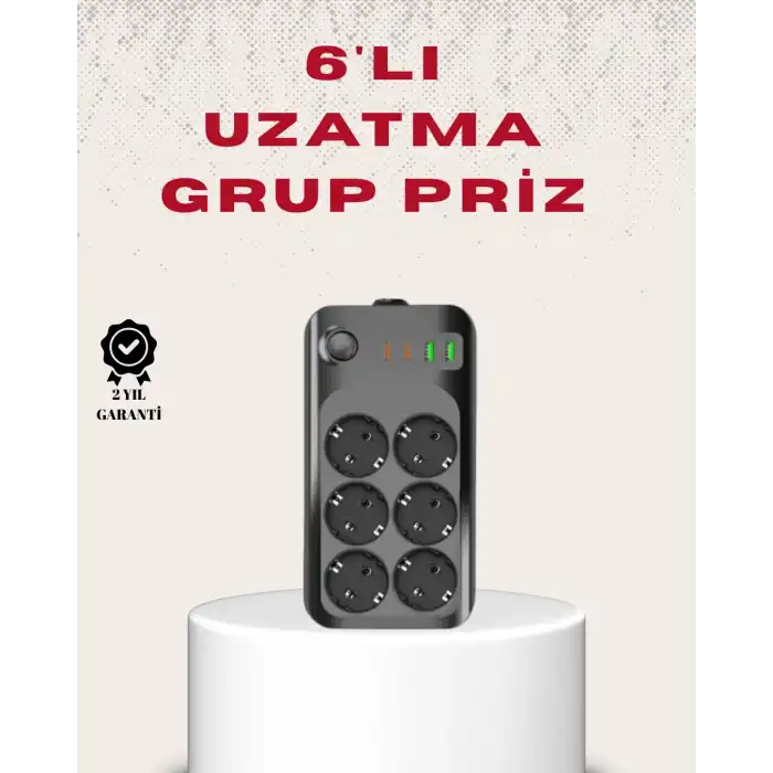 6’lı Grup Priz Termal Korumalı Usb Type-c Çoklu Priz 2 Metre Kablo