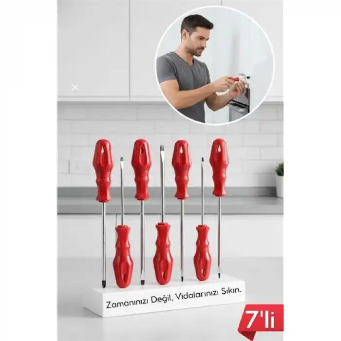 7li Profesyonel Tornavida Seti | Ergonomik Kırmızı Saplı | Düz ve Yıldız Uçlar | CR-V