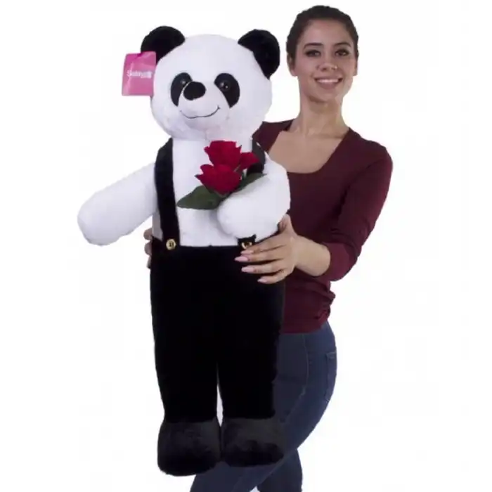 75 Cm Siyah Çiçekli Tulumlu Ayakta Duran Sevimli Peluş Ayıcık
