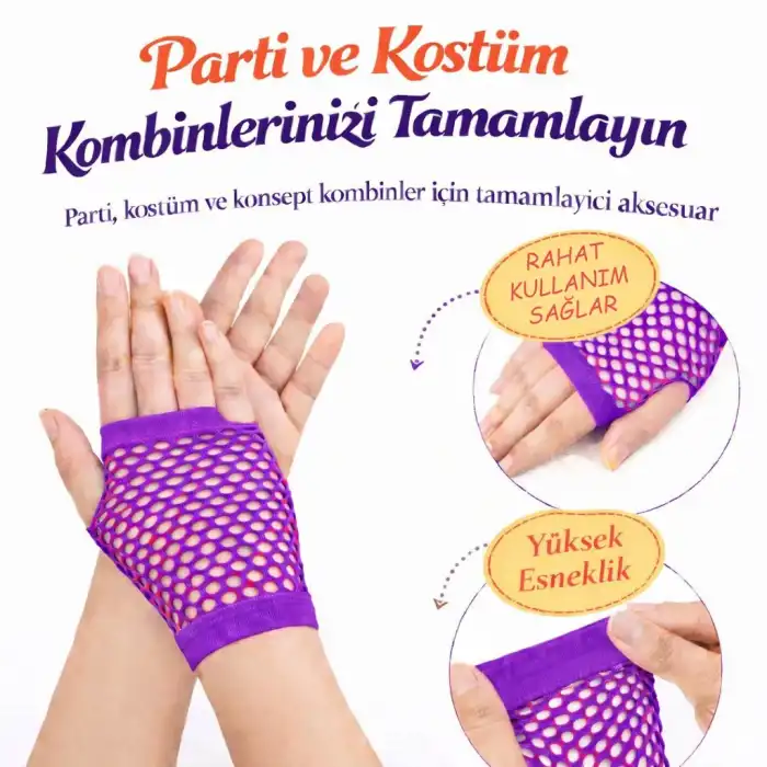 80’ler 90’lar Retro Mor File Parmaksız Kısa Eldiven 11 cm