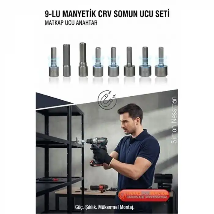 9 Parça Mıknatıslı Somun Sıkma Ucu Seti - Manyetik CR-V Çelik Matkap Ucu Adaptörü