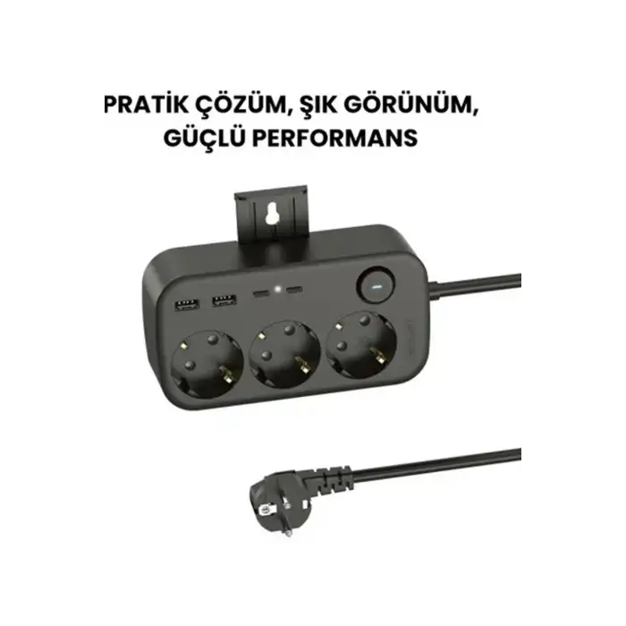 Akım Korumalı Priz 2 Usb + 2 Type-c Girişli 2 Metre Kablosu Anahtarlı Ve Duvara Monte Edilebilir