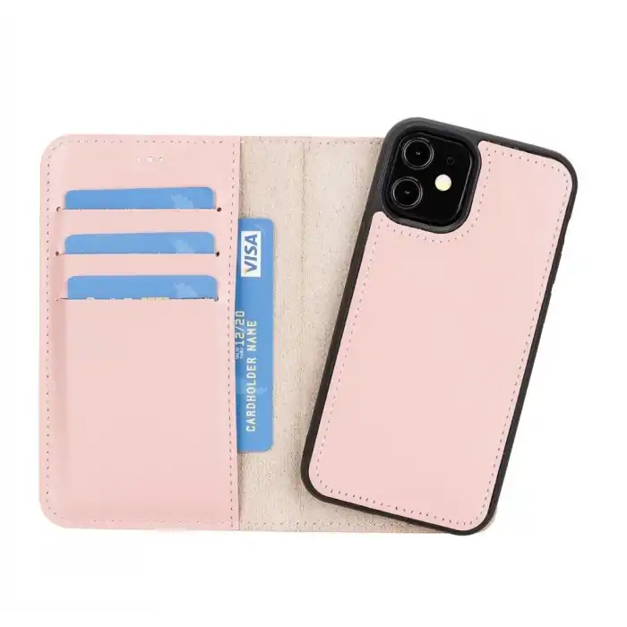 Apple iPhone 12 mini Uyumlu Deri Cüzdanlı Kılıf NU2 Pembe