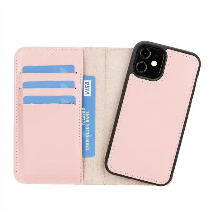 Apple iPhone 12 mini Uyumlu Deri Cüzdanlı Kılıf NU2 Pembe