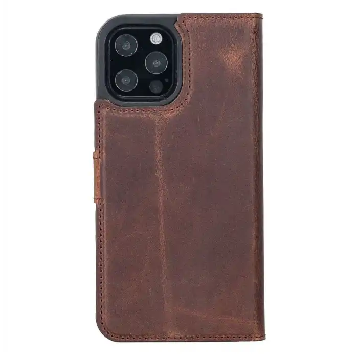 Apple iPhone 12 Pro Max Uyumlu Deri Cüzdanlı Kılıf Antik Kahve