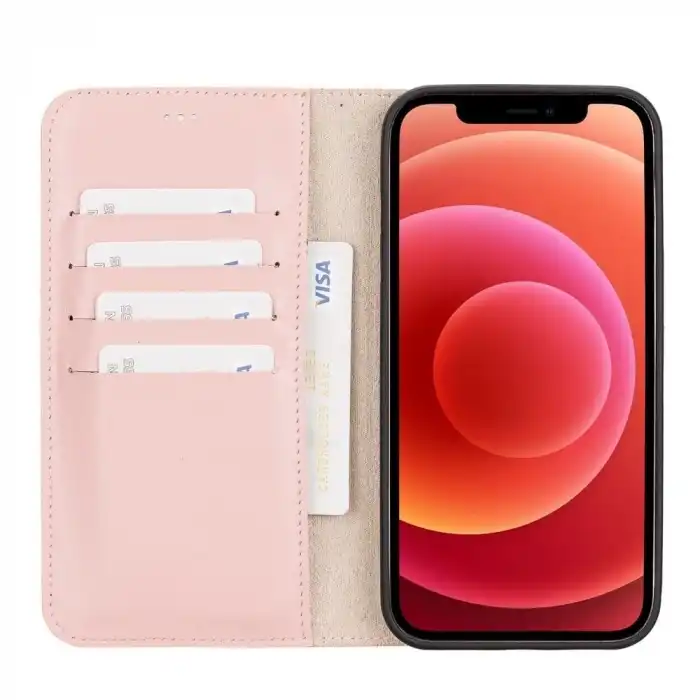 Apple iPhone 12 Pro Max Uyumlu Deri Cüzdanlı Kılıf NU2 Pembe