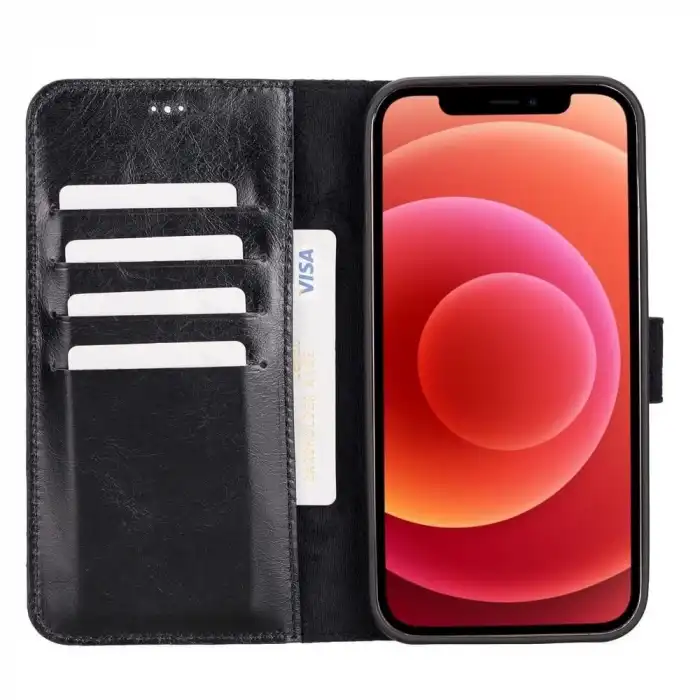 Apple iPhone 12 Pro Max Uyumlu Deri Cüzdanlı Kılıf RST1 Siyah