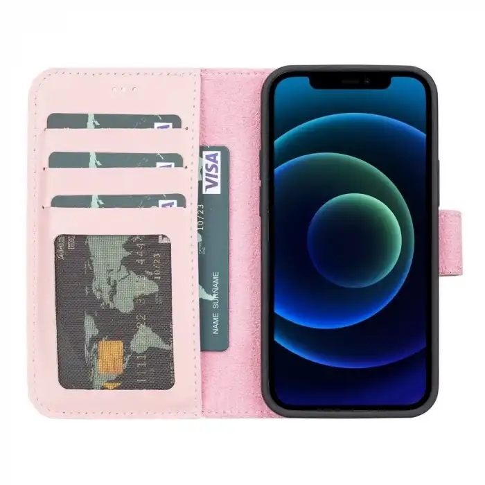 Apple iPhone 13 Mini Uyumlu Deri Cüzdanlı Kılıf NU2 Pembe