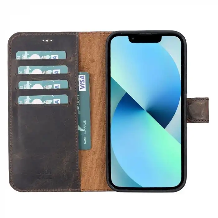 Apple iPhone 13 Pro Max Uyumlu Deri Cüzdanlı Kılıf Acı Kahve