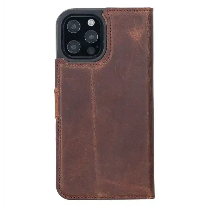 Apple iPhone 13 Pro Max Uyumlu Deri Cüzdanlı Kılıf Antik Kahve