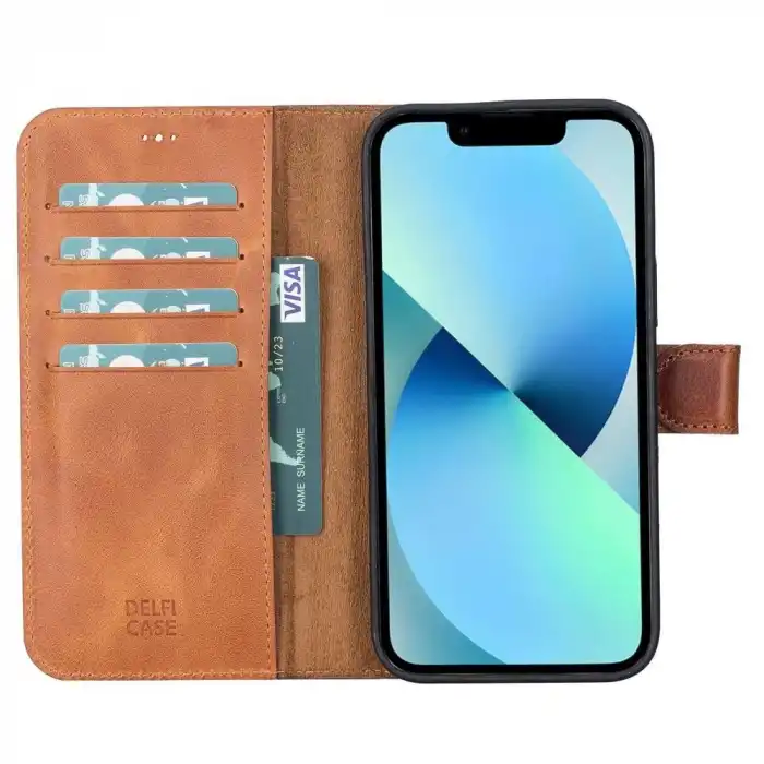 Apple iPhone 13 Pro Max Uyumlu Deri Cüzdanlı Kılıf Antik Taba