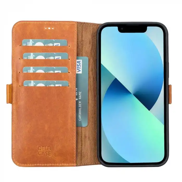 Apple iPhone 13 Pro Max Uyumlu Deri Cüzdanlı Kılıf Karamel