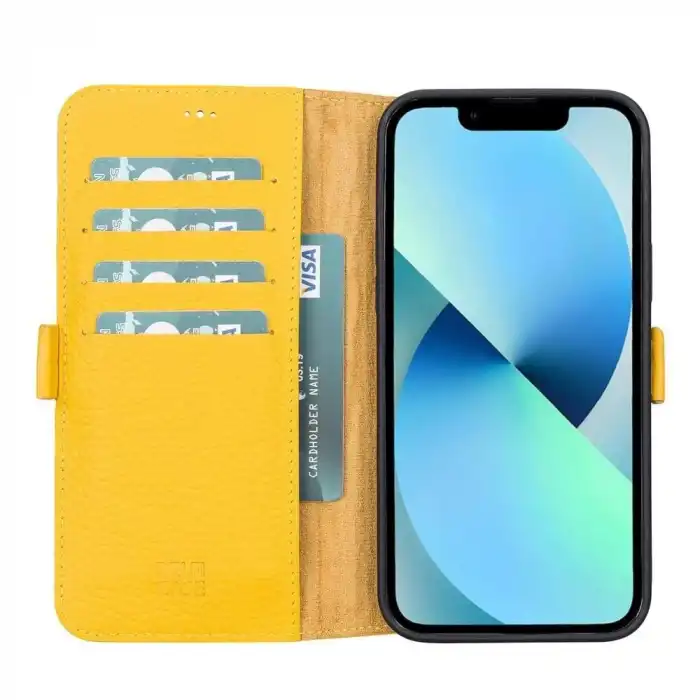 Apple iPhone 13 Pro Max Uyumlu Deri Cüzdanlı Kılıf Limon Sarı