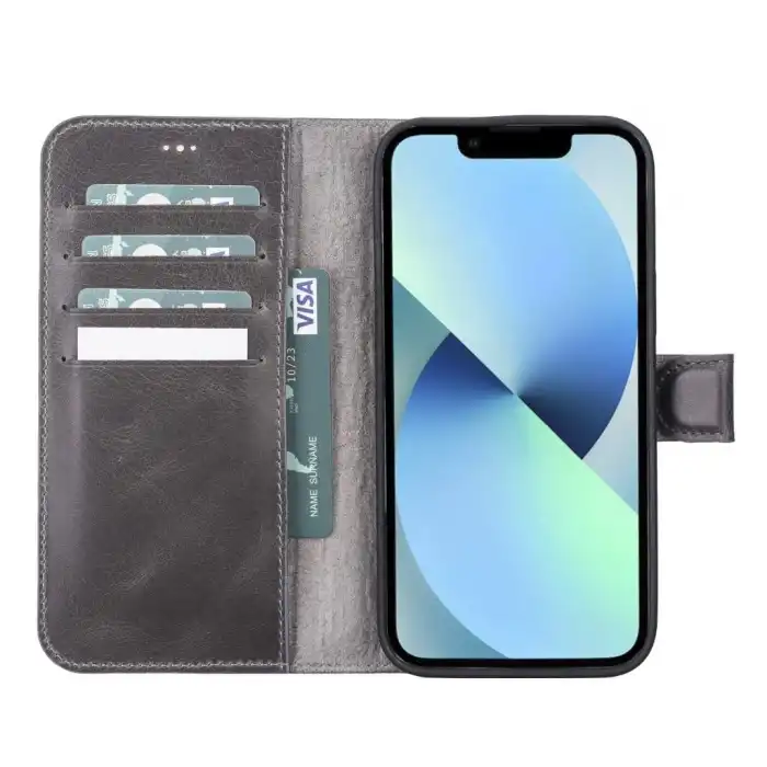 Apple iPhone 13 Pro Max Uyumlu Deri Cüzdanlı Kılıf VS4EF Gri