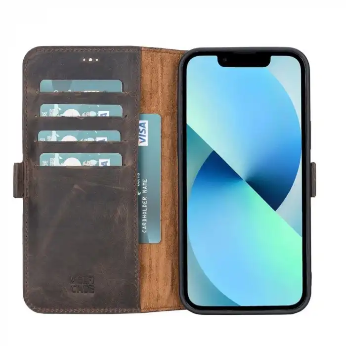 Apple iPhone 13 Pro Uyumlu Deri Cüzdanlı Kılıf Acı Kahve