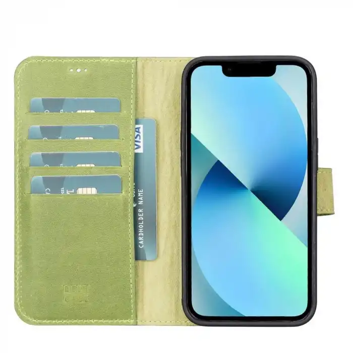Apple iPhone 13 Pro Uyumlu Deri Cüzdanlı Kılıf Antik yeşil