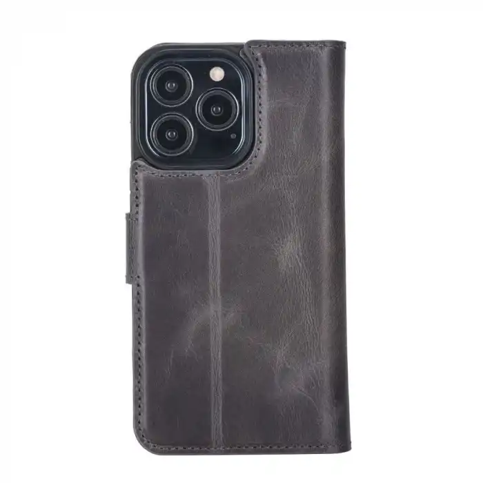 Apple iPhone 13 Pro Uyumlu Deri Cüzdanlı Kılıf VS4EF Gri