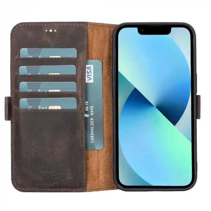 Apple iPhone 13 Uyumlu Deri Cüzdanlı Kılıf Acı Kahve