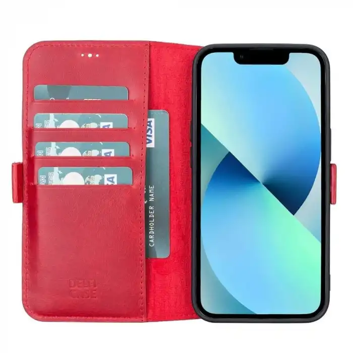 Apple iPhone 13 Uyumlu Deri Cüzdanlı Kılıf Nar Çiçeği