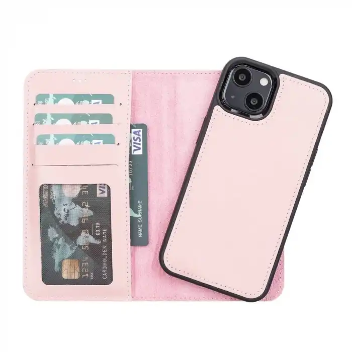 Apple iPhone 13 Uyumlu Deri Cüzdanlı Kılıf NU2 Pembe