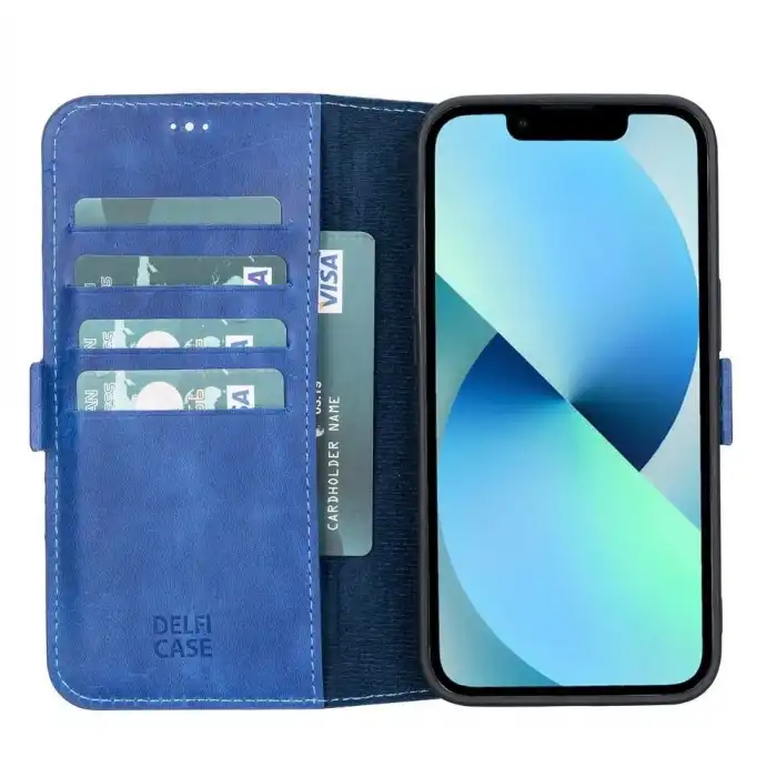 Apple iPhone 13 Uyumlu Deri Cüzdanlı Kılıf Okyanus Mavi