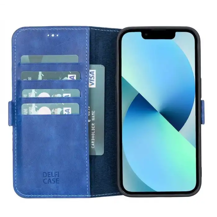 Apple iPhone 13 Uyumlu Deri Cüzdanlı Kılıf Okyanus Mavi