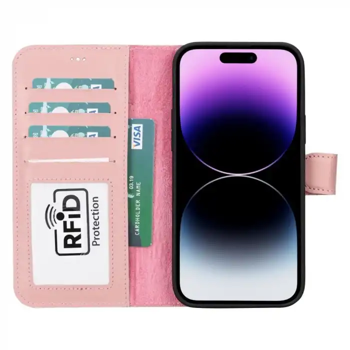 Apple iPhone 15 Plus Uyumlu Deri Cüzdanlı Kılıf MWWN NU2 Pembe