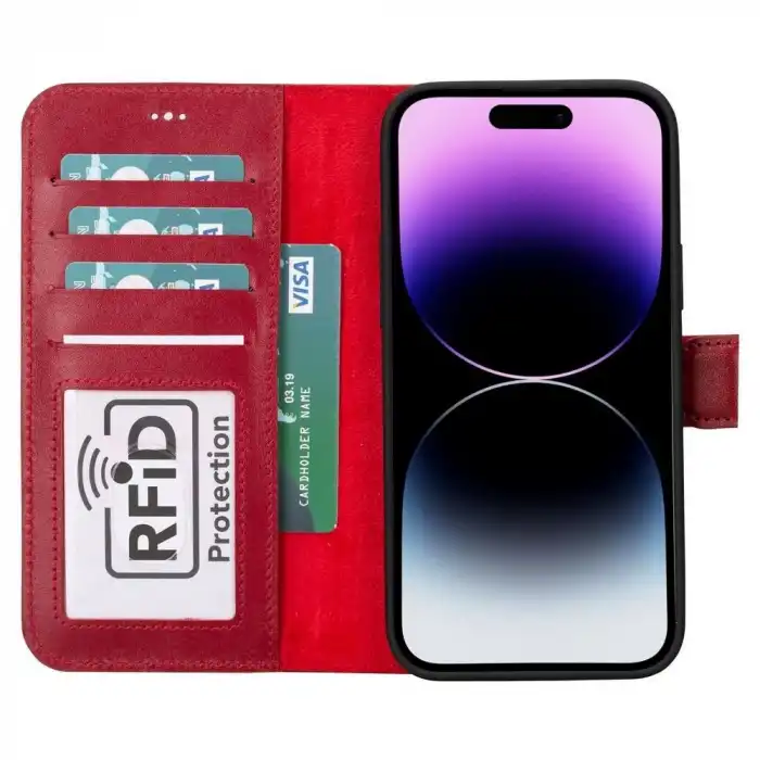 Apple iPhone 15 Plus Uyumlu Deri Cüzdanlı Kılıf MWWN V4EF Kırmızı