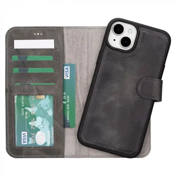 Apple iPhone 15 Plus Uyumlu Deri Cüzdanlı Kılıf MWWN VS4EF Gri