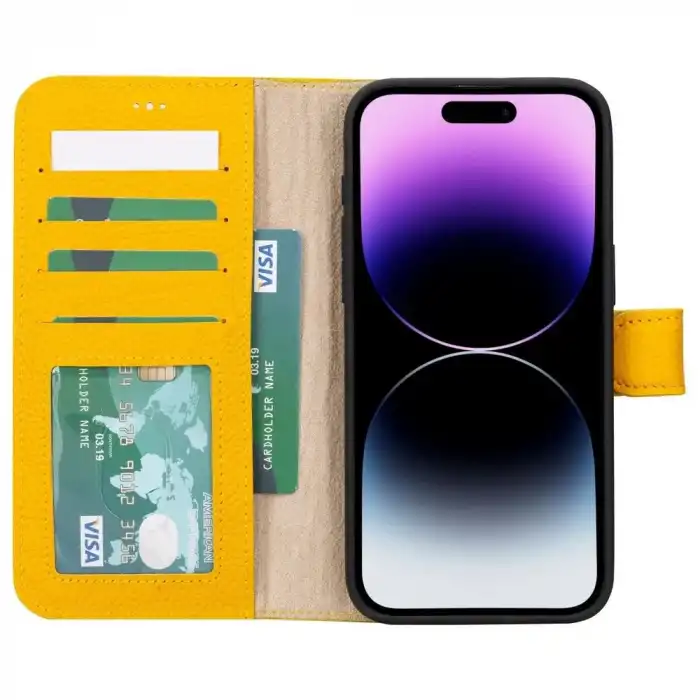 Apple iPhone 15 Pro Max Uyumlu Deri Cüzdanlı Kılıf MWWN FL12 Sarı