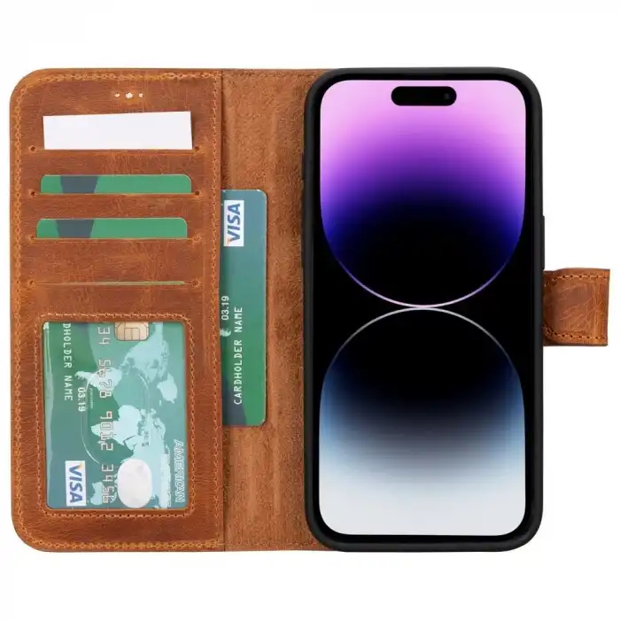 Apple iPhone 15 Pro Max Uyumlu Deri Cüzdanlı Kılıf MWWN G19 Taba
