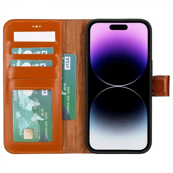 Apple iPhone 15 Pro Max Uyumlu Deri Cüzdanlı Kılıf MWWN RST2EF Taba