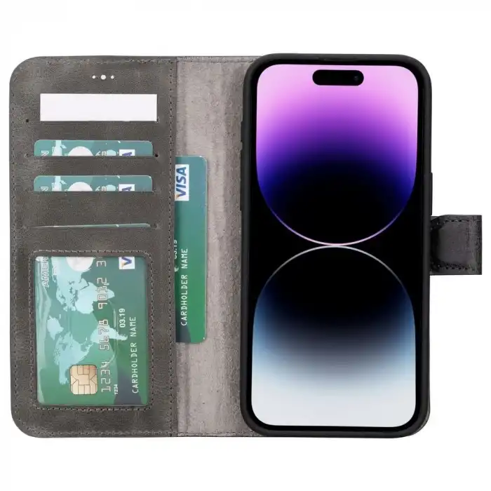 Apple iPhone 15 Pro Max Uyumlu Deri Cüzdanlı Kılıf MWWN VS4EF Gri