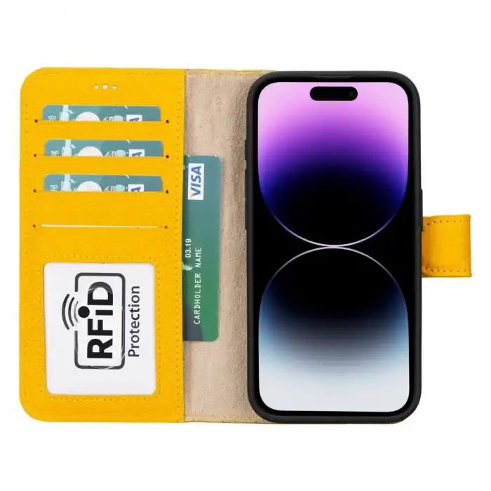 Apple iPhone 15 Pro Uyumlu Deri Cüzdanlı Kılıf MWWN FL12 Sarı