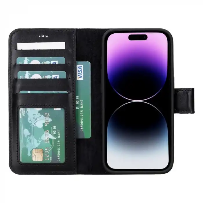 Apple iPhone 15 Pro Uyumlu Deri Cüzdanlı Kılıf MWWN RST1 Siyah