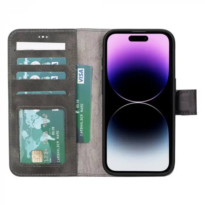 Apple iPhone 15 Pro Uyumlu Deri Cüzdanlı Kılıf MWWN VS4EF Gri