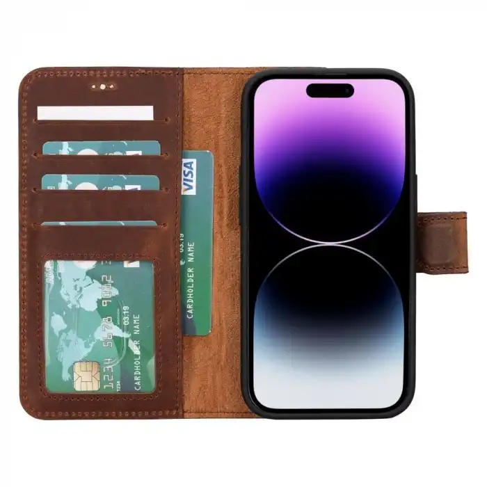 Apple iPhone 15 Uyumlu Deri Cüzdanlı Kılıf MWWN G2 Kahve