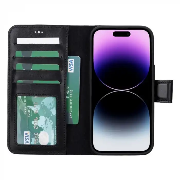 Apple iPhone 15 Uyumlu Deri Cüzdanlı Kılıf MWWN RST1 Siyah