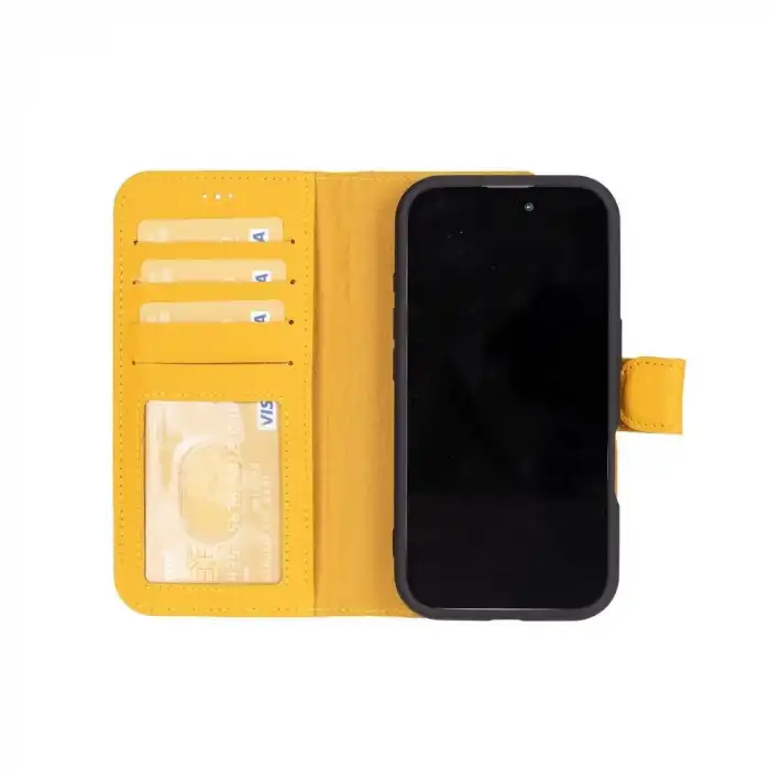 Apple iPhone 16 Plus uyumlu, Hakiki Deri, El Yapımı, Cüzdanlı Kılıf, Limon Sarı