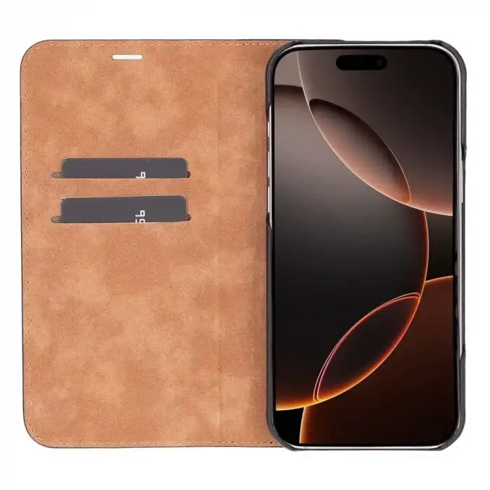 Apple iPhone 16 Pro Max uyumlu, Hakiki Deri, El Yapımı, Cüzdanlı Kılıf, Parlak Siyah