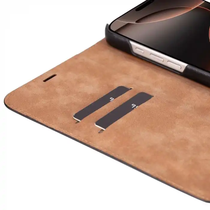 Apple iPhone 16 Pro Max uyumlu, Hakiki Deri, El Yapımı, Cüzdanlı Kılıf, Parlak Siyah